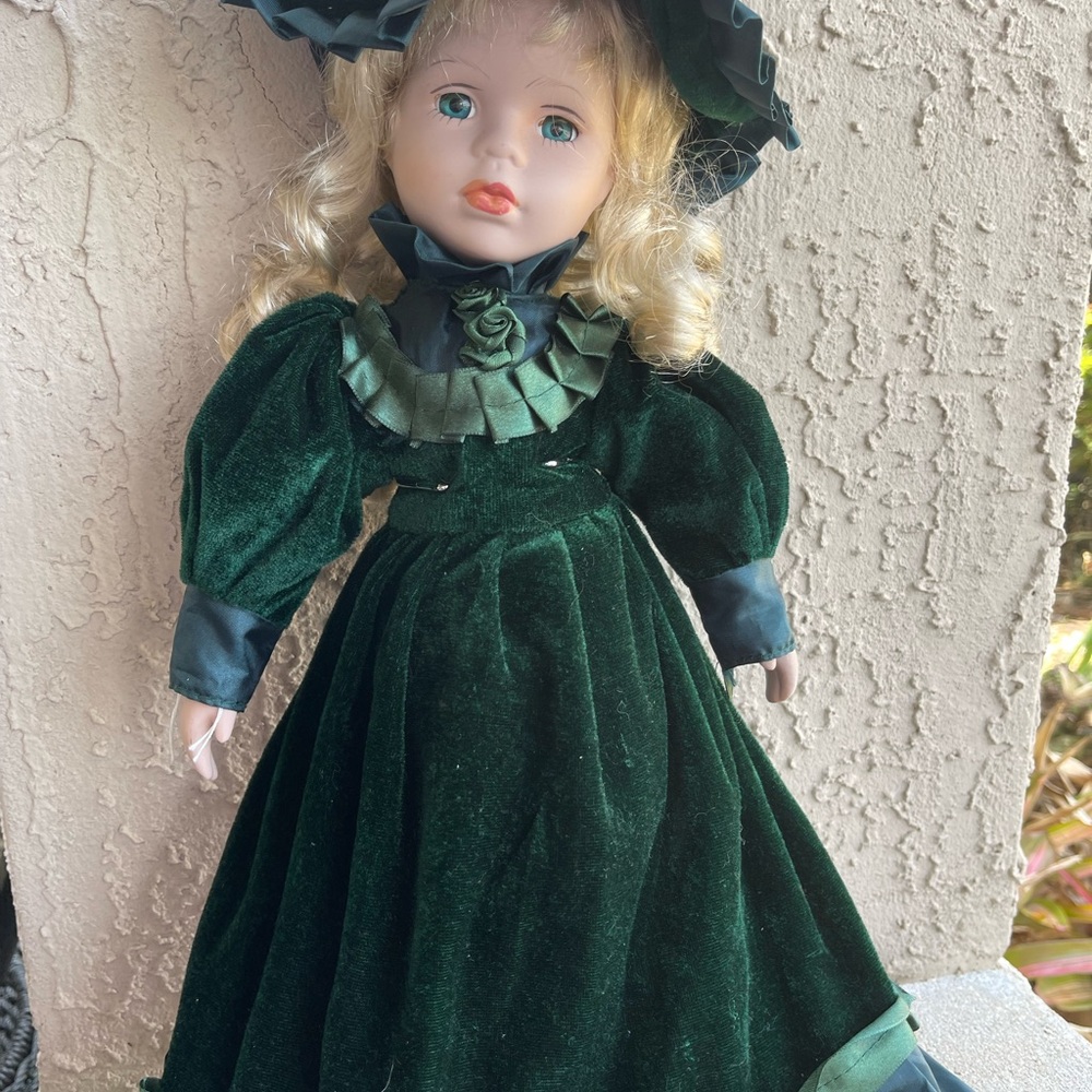 Vintage Green Velvet Porcelain Doll with Hat